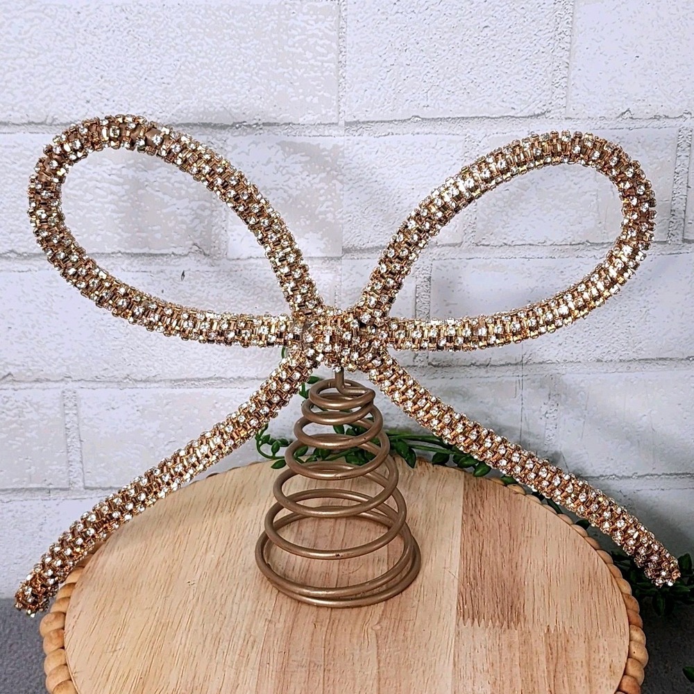 Gold Rhinestone Bow Christmas Tree Topper Bling Sparkle Spring Base 12" NEW